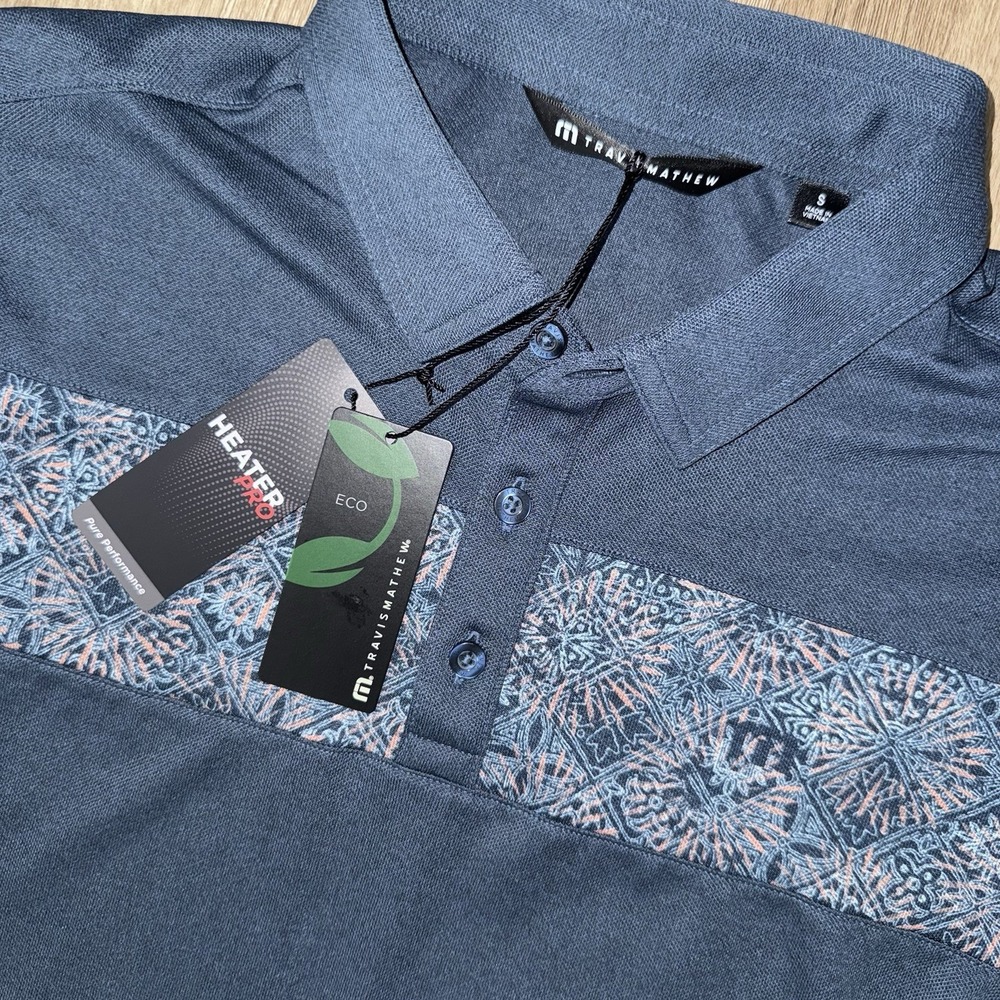 NWT Travis Mathew Heater Pro Performance Polo Men's Small Blue Floral Eco Mesh